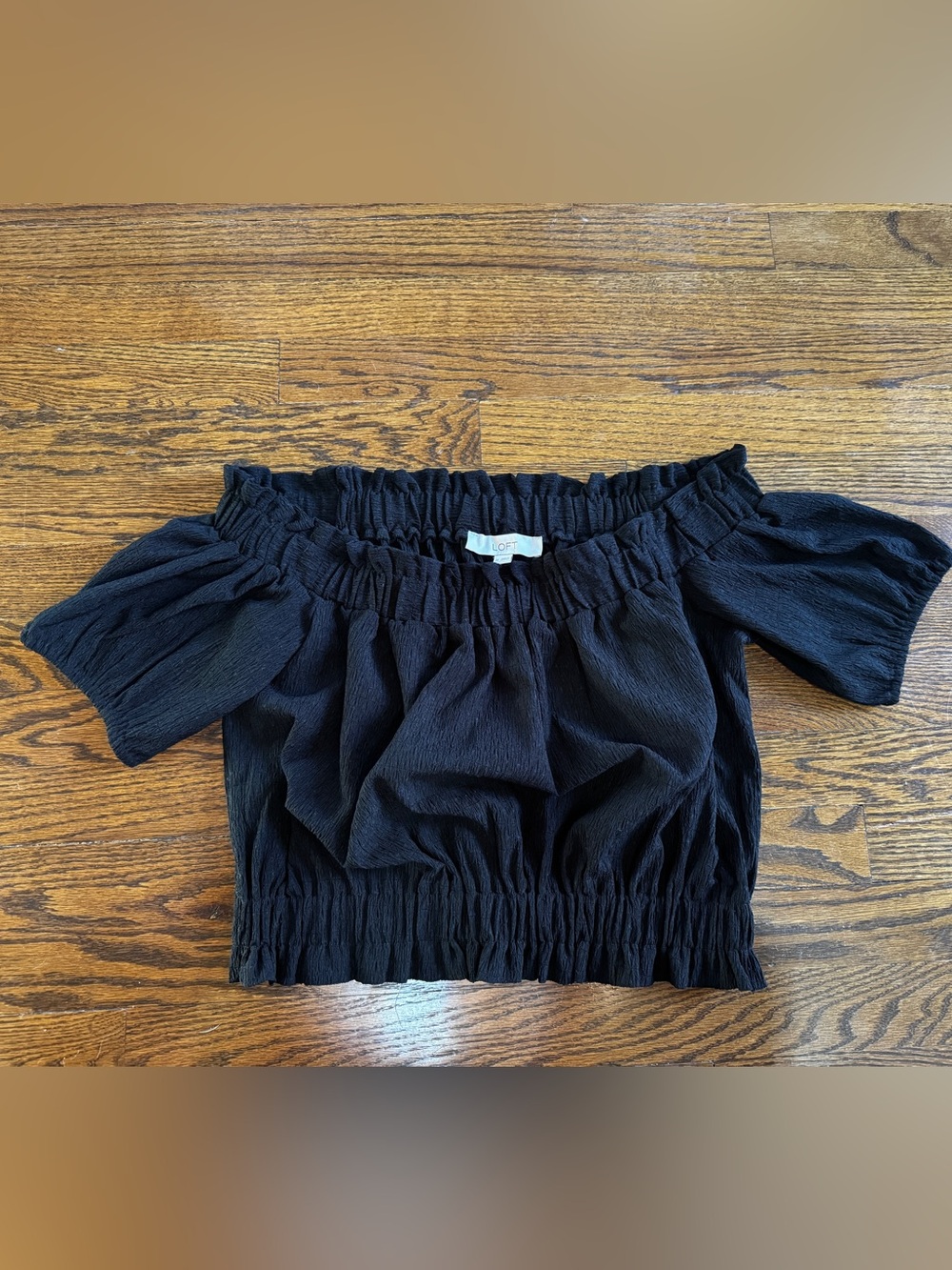 LOFT Black Off-Shoulder Smocked Crop Top Ruffled Size M
